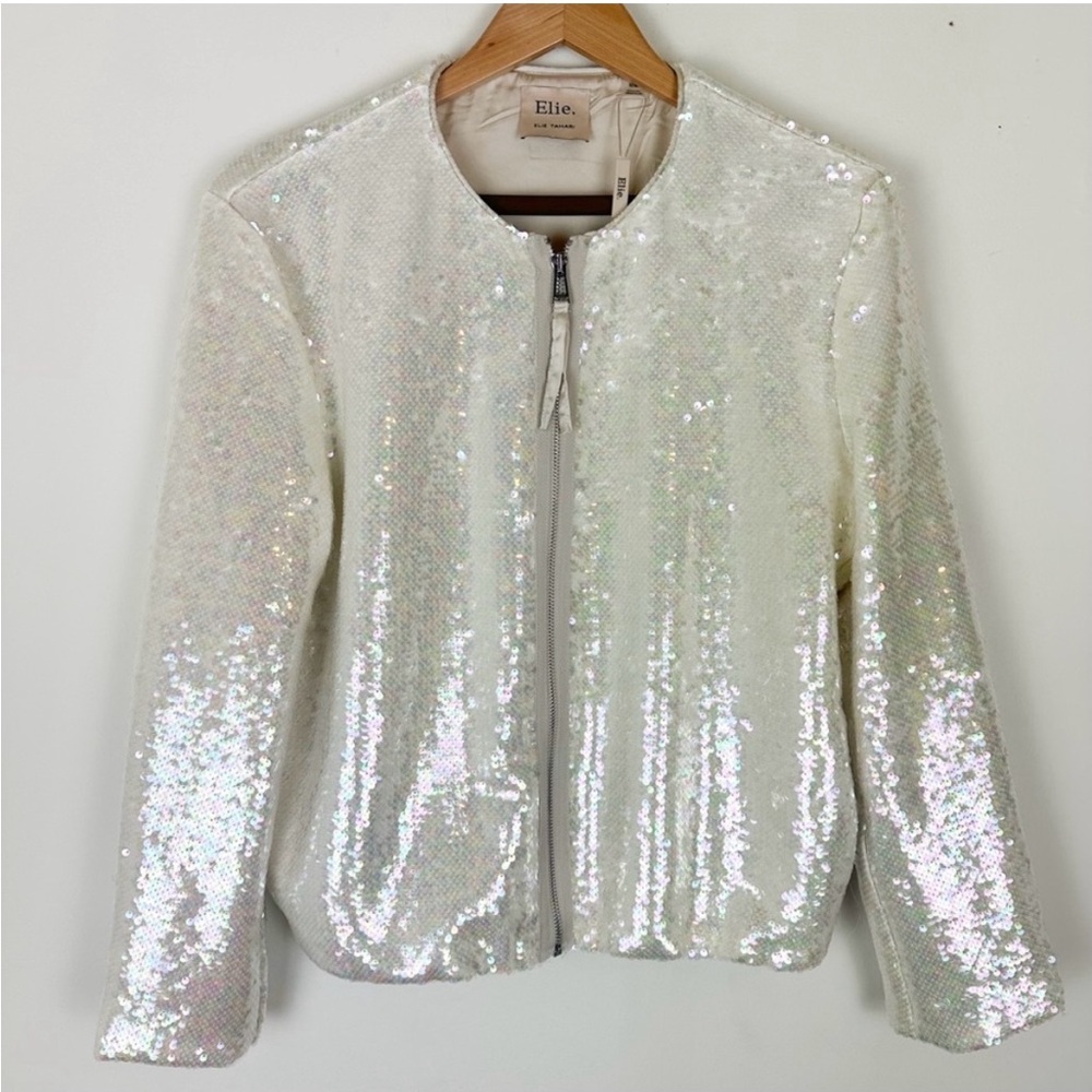 Elie Tahari Iridescent Sequin Bomber Jacket - White